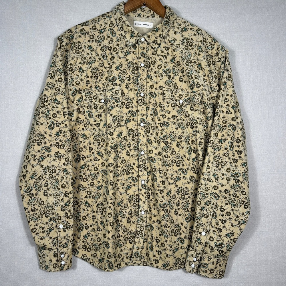 Lucky Brand Western Shirt Mens XL Tan Floral Corduroy Excellent Snap Front Long